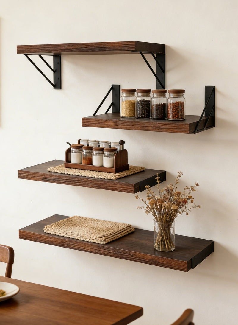 يواوليتي ارفف جدارية,ارفف خشب، 4 رفوف جداريه من الخشب، رف تخزين ريفي مثبت على الحائط للكتب والديكور، عرض ومنظم صغير موفر للمساحة (بني) - Image 1